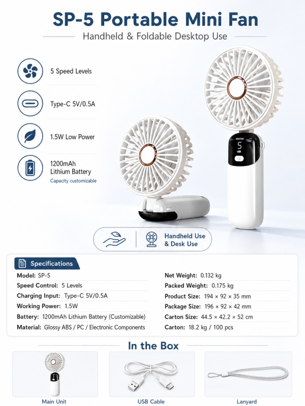 SP-5 Portable fans SP-5 Portable Mini Fan – 5-Speed Handheld & Foldable Desk Fan